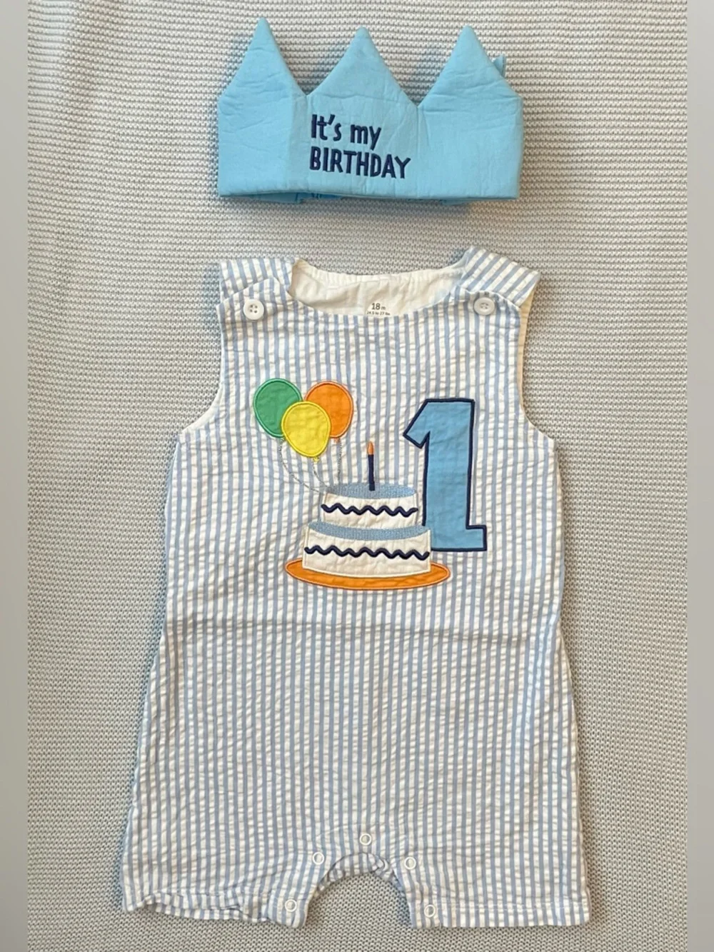 Baby Starters Baby Boys 2-Pc. Shortall & Crown 1st Birthday Set 18 Months - Picture 3 of 8